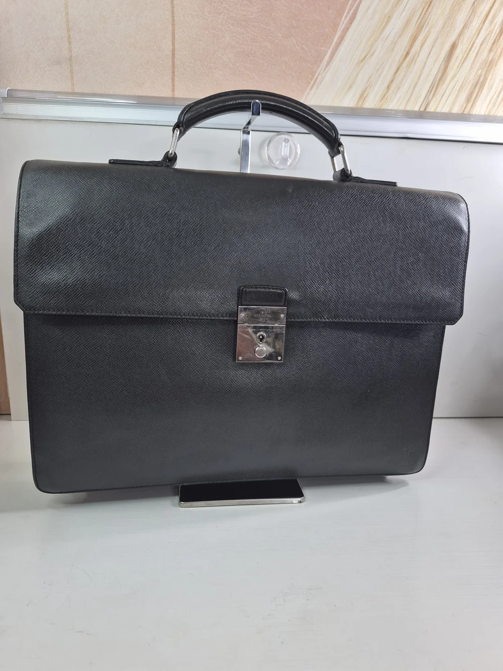 Louis Vuitton Black Textured Leather Briefcase with Silver Lock